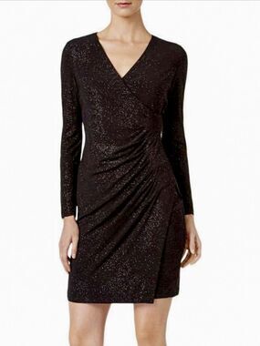 Calvin Klein Sparkle Faux Wrap Ruched Sheath Dress Long Sleeve Black L